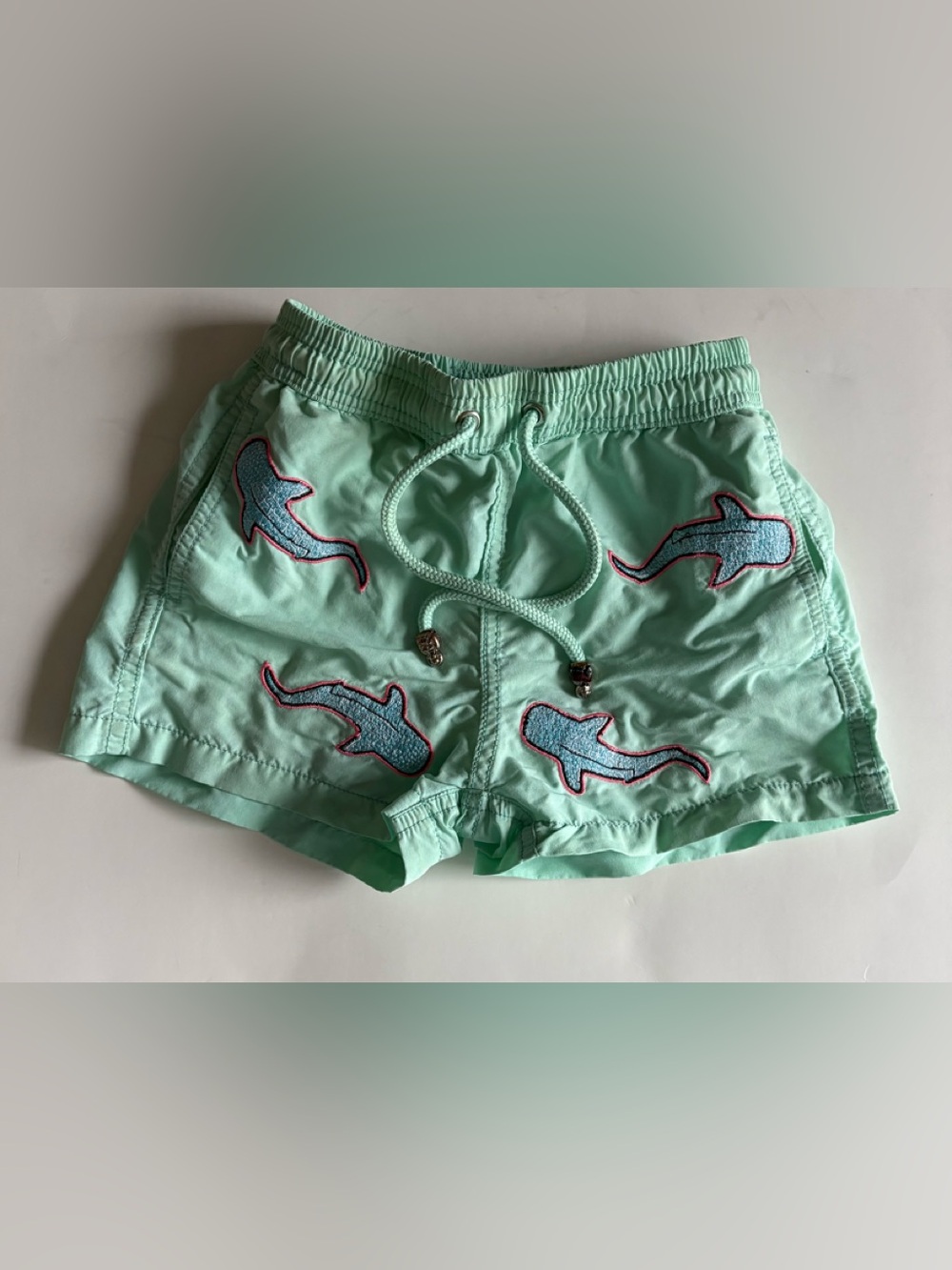 Les Canebiers Mint Green Swim Shorts with Shark Appliqués Kids